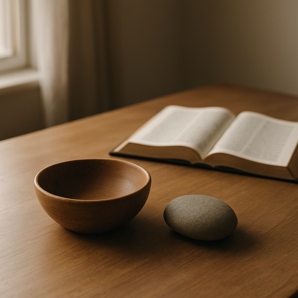 柔和清晨光里，一只空的木碗与一块平整的石头并排放在木桌上，旁边有摊开的圣经（无可辨识文字），画面克制留白、无文字与人物。