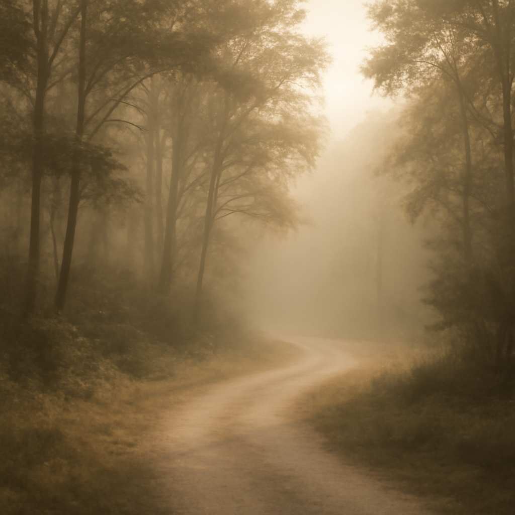 A winding forest path disappearing into soft morning mist with golden light filtering through trees.