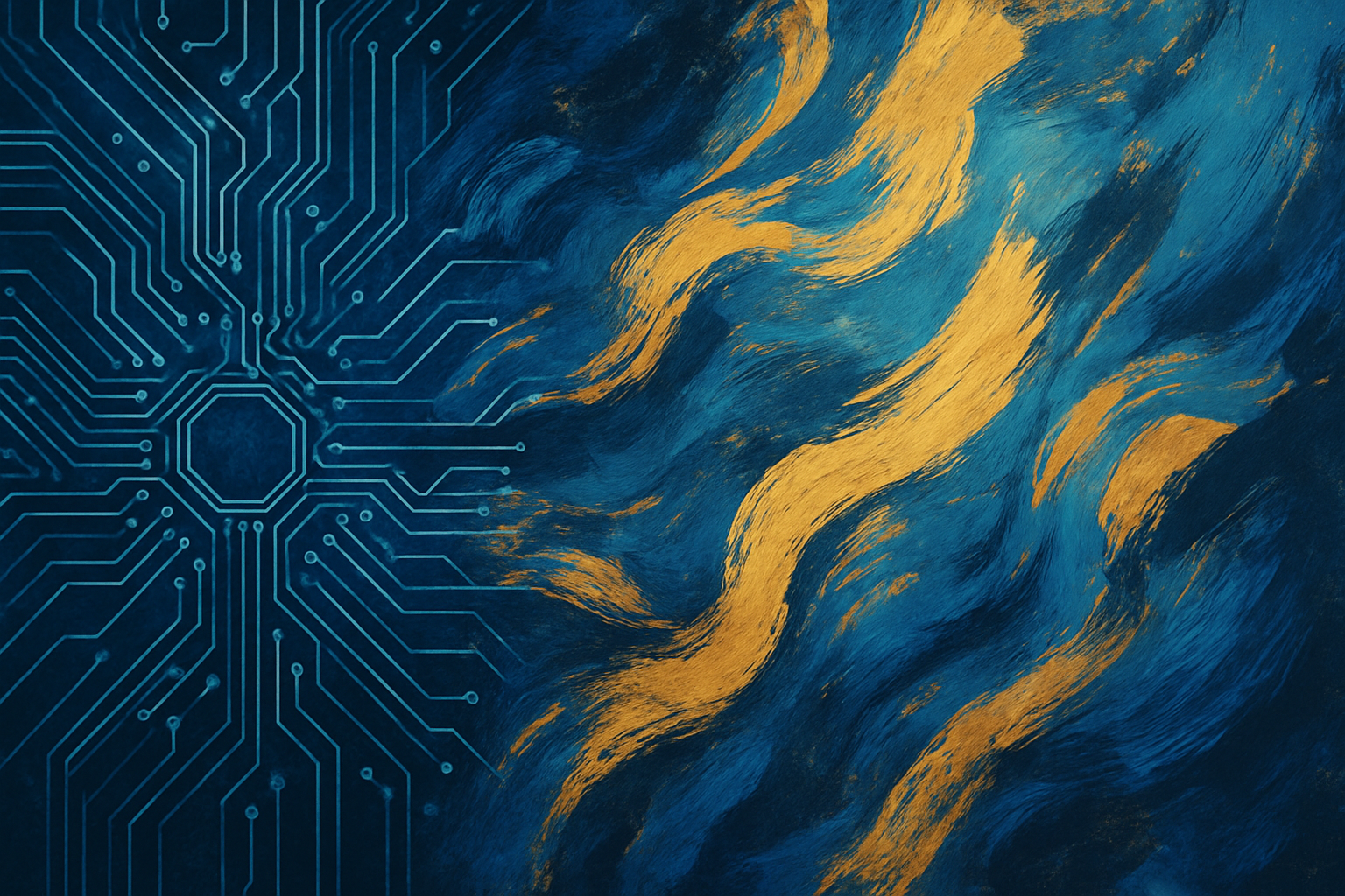 Abstract digital art showing a circuit board pattern merging with paintbrush strokes, representing the intersection of technology and creativity