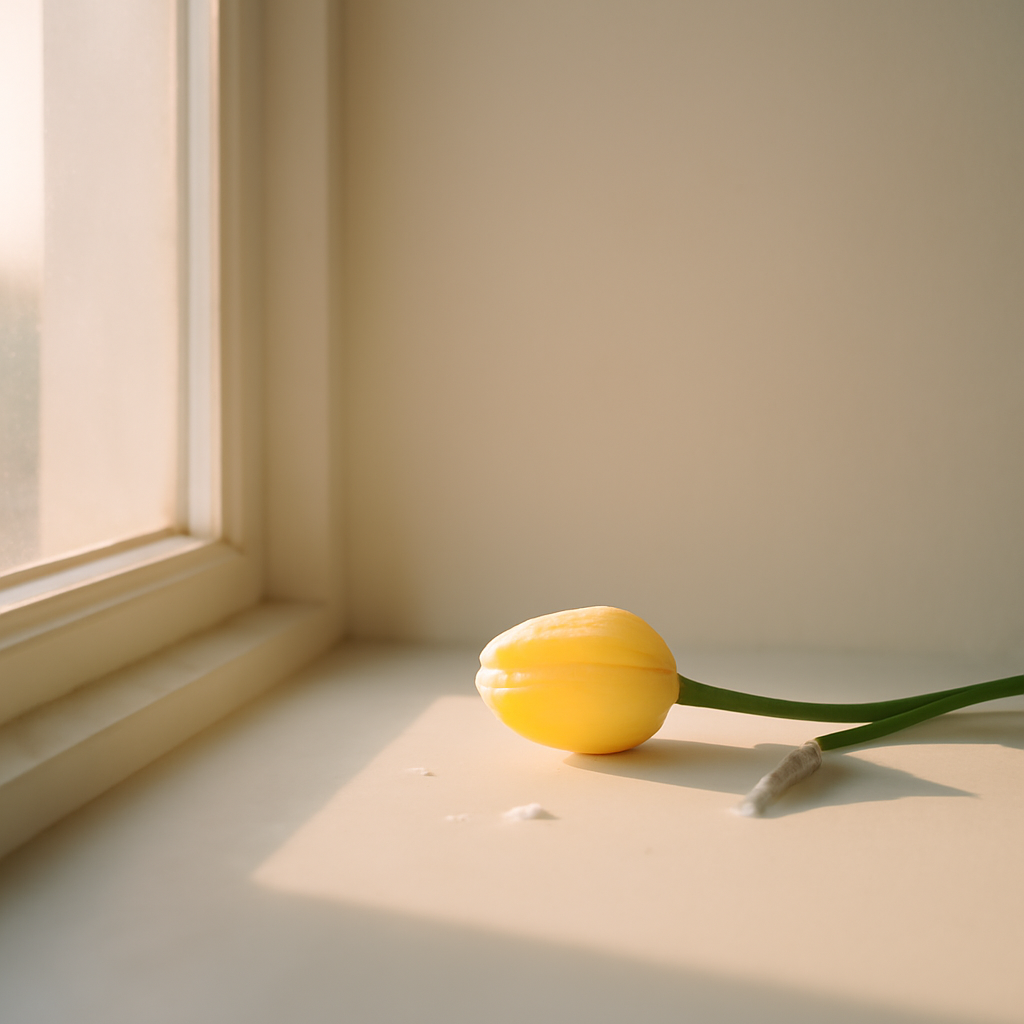 A minimalist still life of a single fresh flower bud on a windowsill with soft morning light streaming through, symbolizing new beginnings