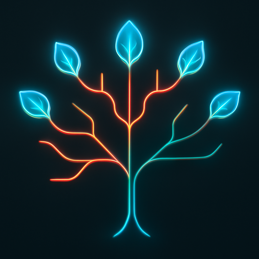Abstract art showing a branching tree with specialized leaves and a central trunk representing general intelligence, glowing with energy flows