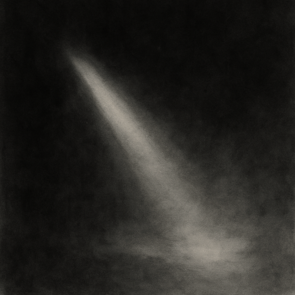 抽象的水墨画风格，深色背景中有一道柔和的光线穿透，象征恩典在软弱中显现