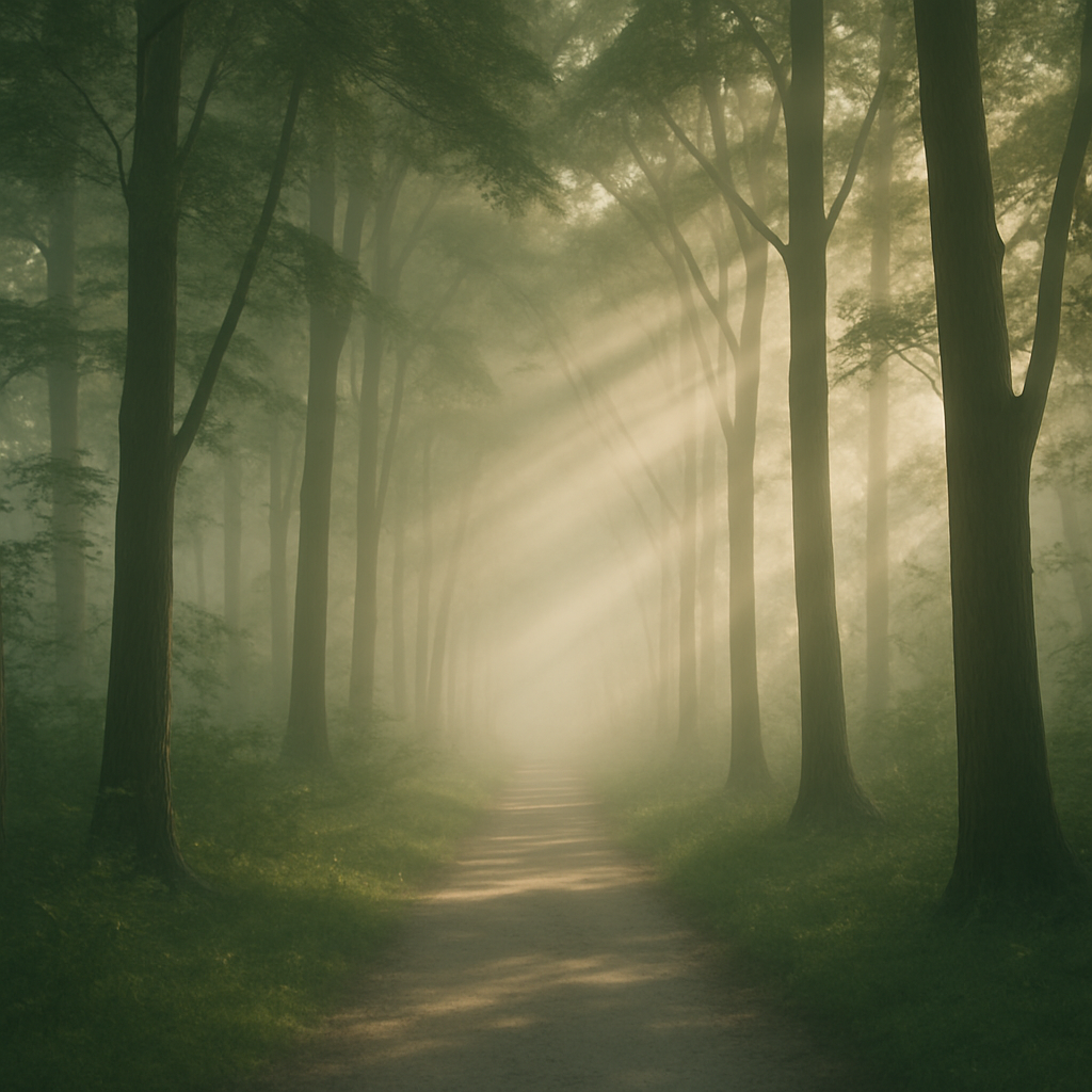 清晨阳光透过树林，光束洒在安静的小径上，象征等候与更新