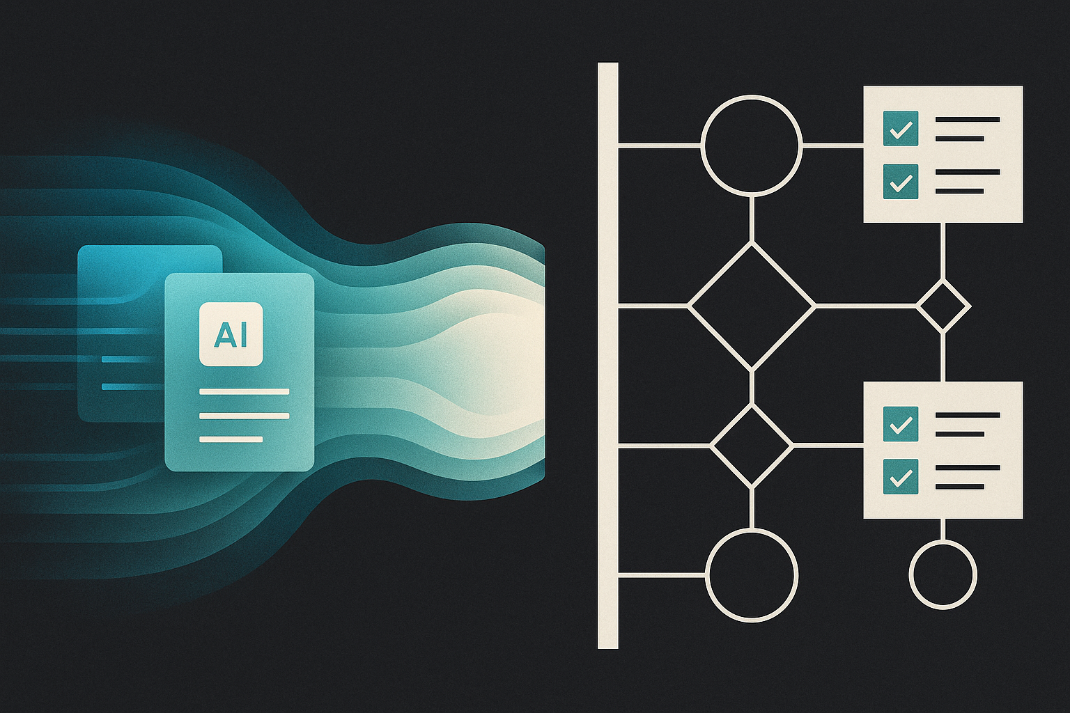Minimal editorial illustration of layered AI model release waves colliding with enterprise workflow gates