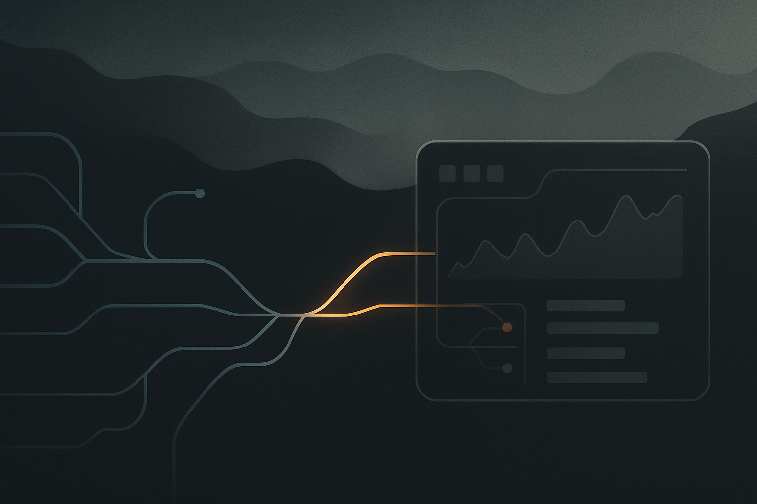 Minimal editorial illustration of AI production traces and telemetry lines entering a dashboard while uncertainty remains visible underneath