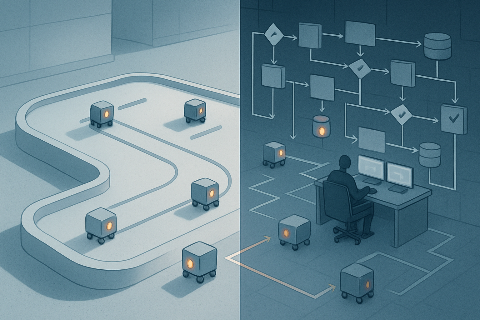 Abstract AI agents moving from a clean benchmark track into complex enterprise workflows with approval gates, traces, and review checkpoints