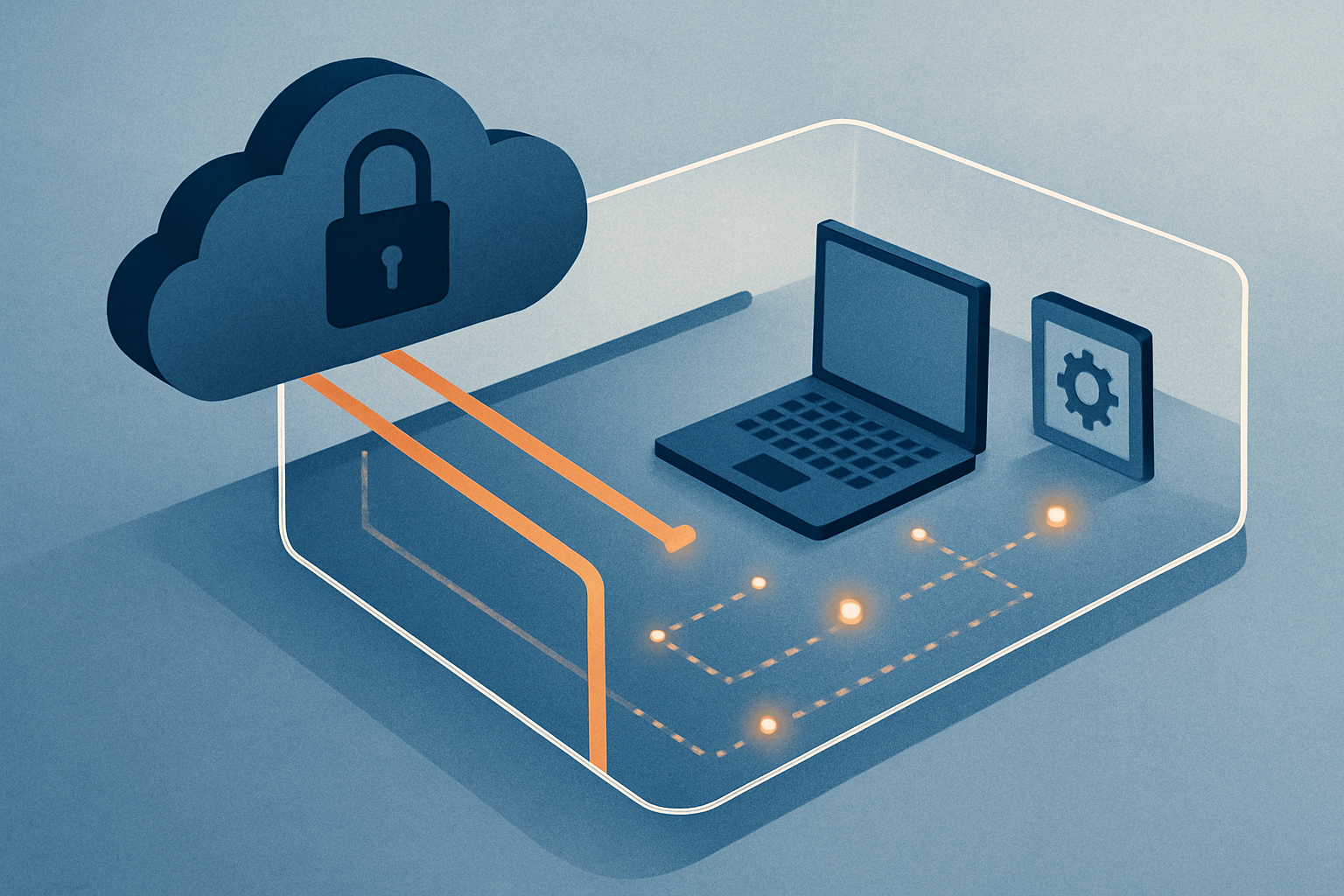 Abstract secure AI agent runtime linking a desktop workspace to governed enterprise infrastructure through policy rails and audit trails