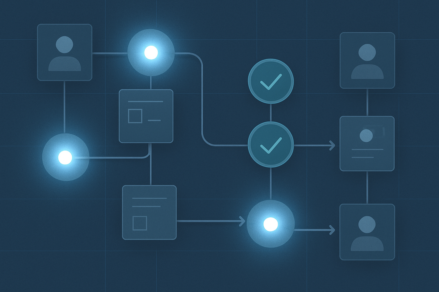Minimal editorial illustration of AI agents moving work across a workflow map while human accountability checkpoints remain visible