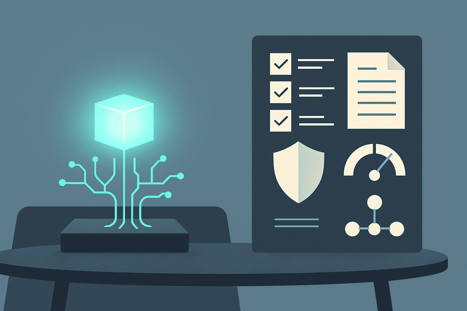 Minimal editorial illustration of an AI procurement board balancing a glowing pilot prototype with operational controls, contracts, and risk checkpoints