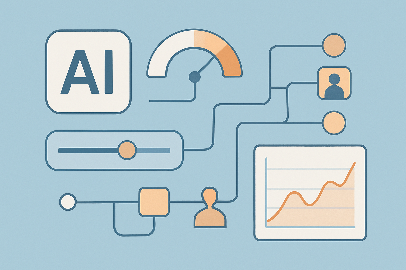 Editorial illustration of an AI operations dashboard showing model usage, budget controls, routing paths, and human review checkpoints