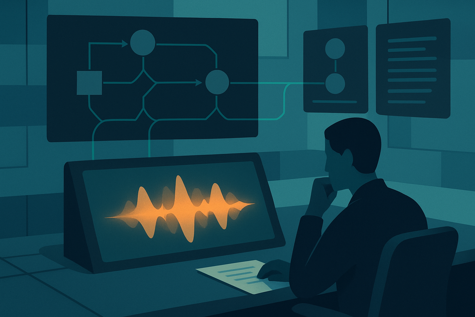 Editorial illustration of an AI voice agent console, call flow branches, escalation checkpoints, and a human operator reviewing live context
