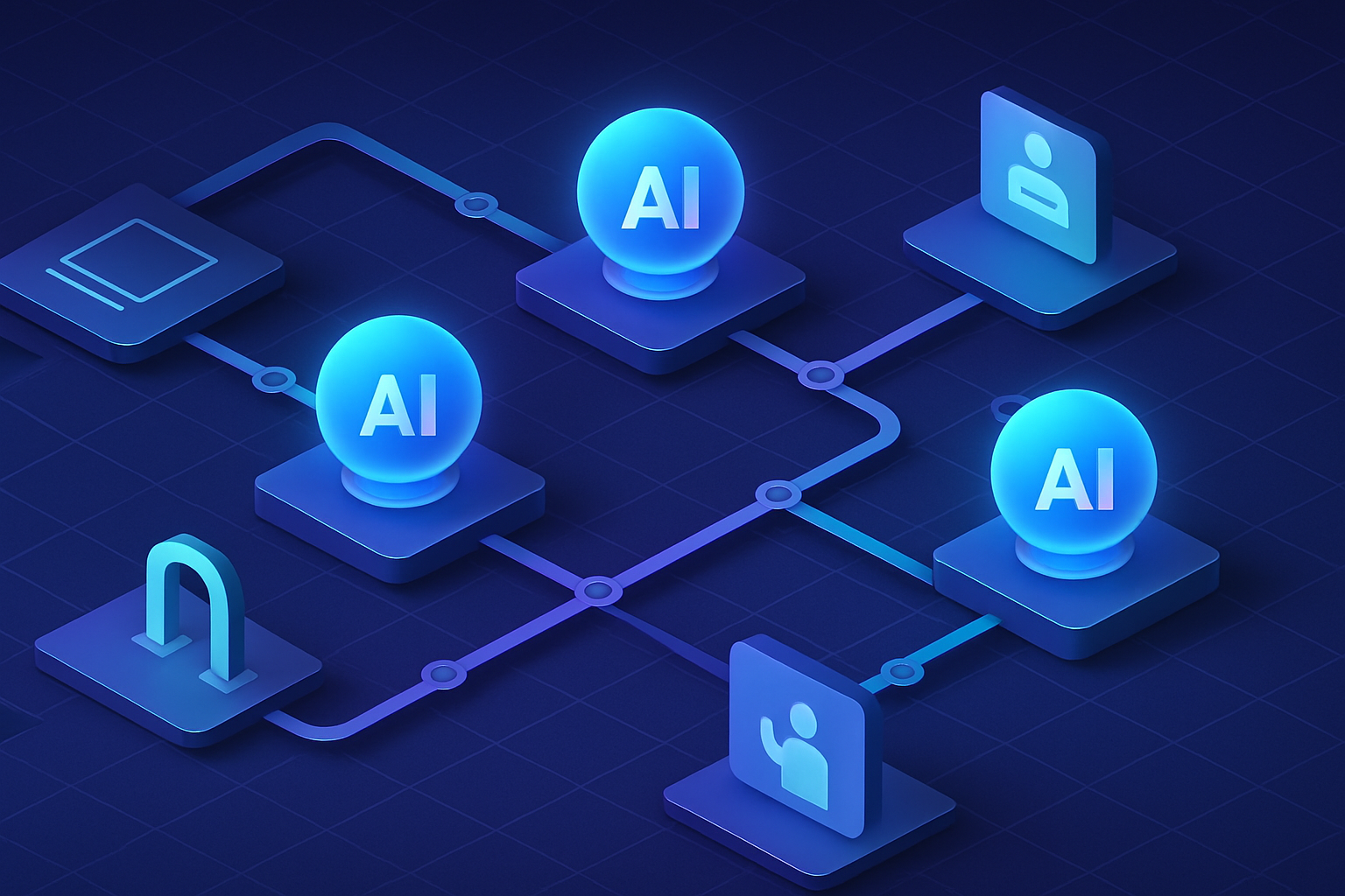 Abstract enterprise workflow map with glowing AI agent nodes, permission gates, audit trails, and human checkpoints, no text or logos.