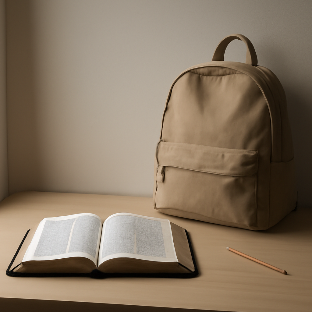 A calm desk still life with an open Bible, soft morning light, and a backpack nearby.