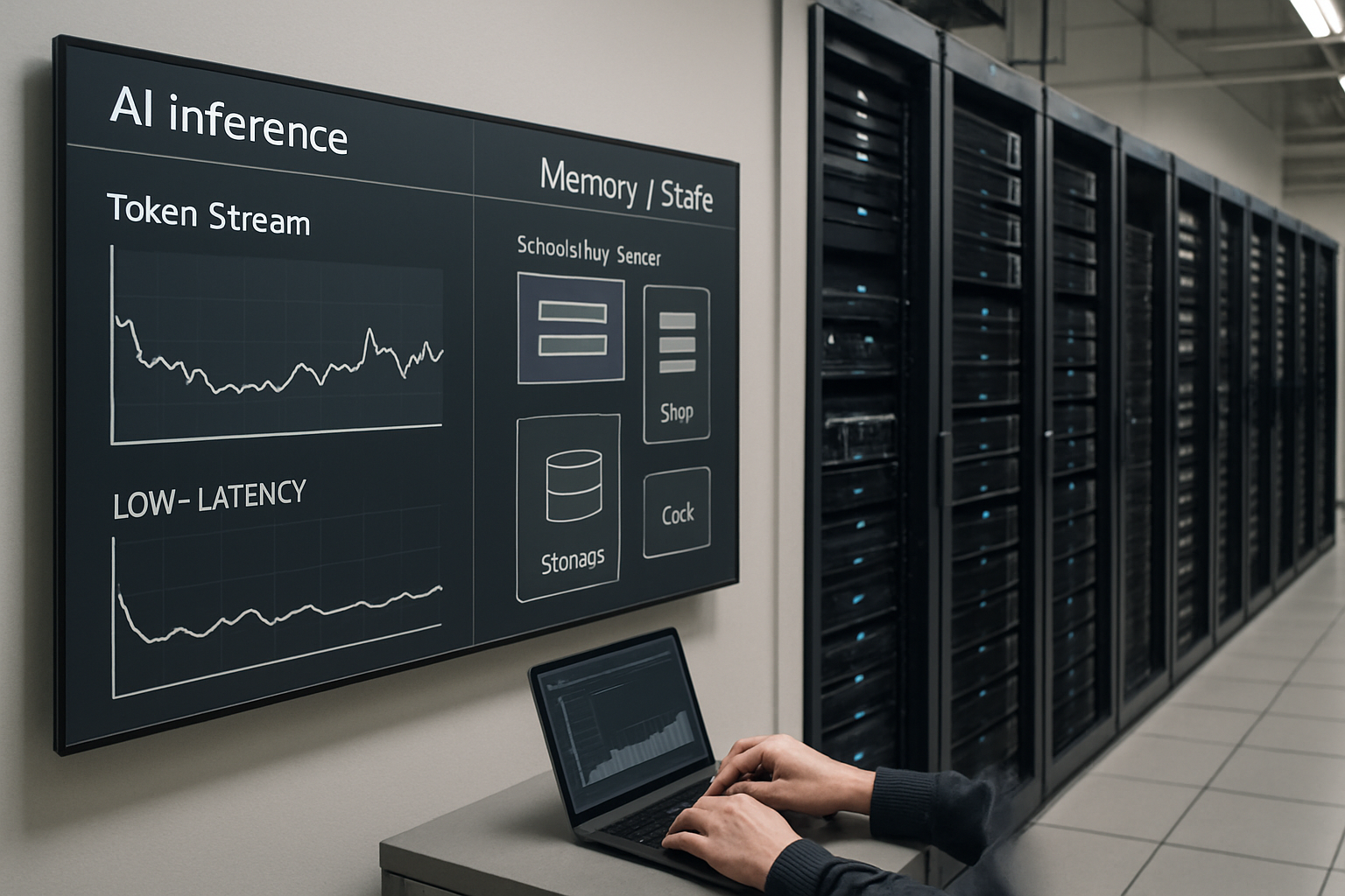 Data center operations scene showing fast inference streams, memory pipelines, scheduling queues, and cost meters without text or logos.