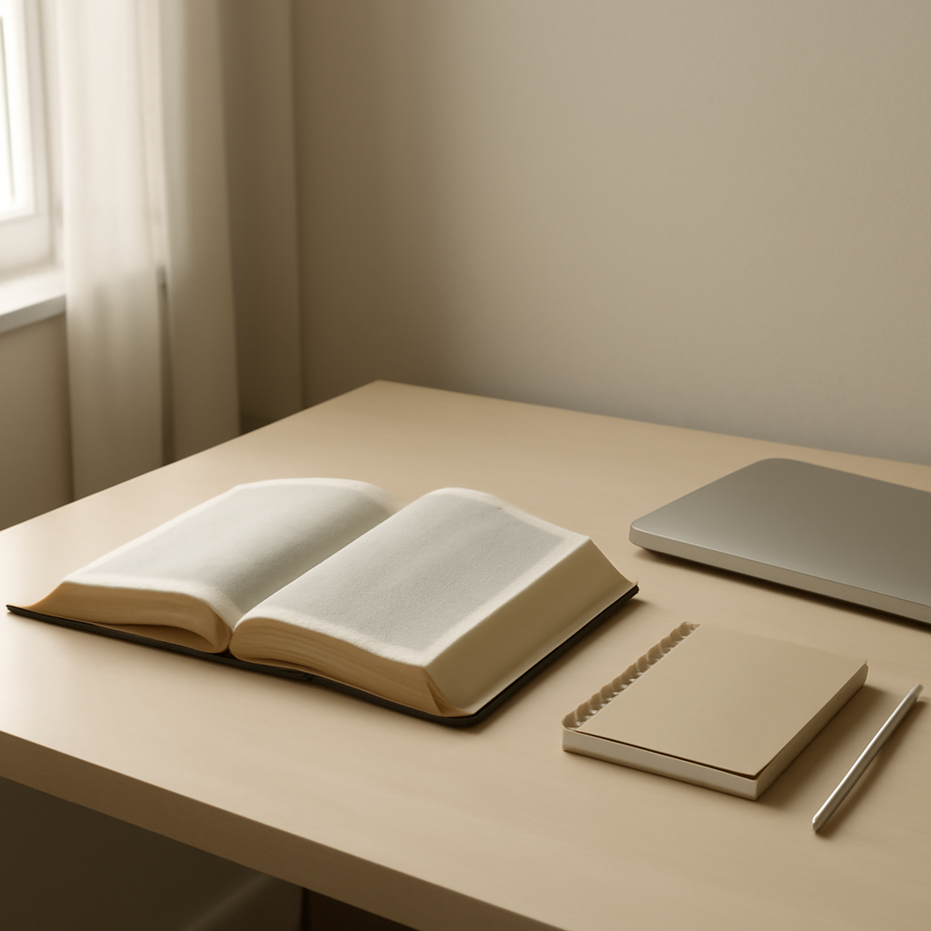 A calm desk still life with a closed laptop, notebook, and open Bible in soft morning light.