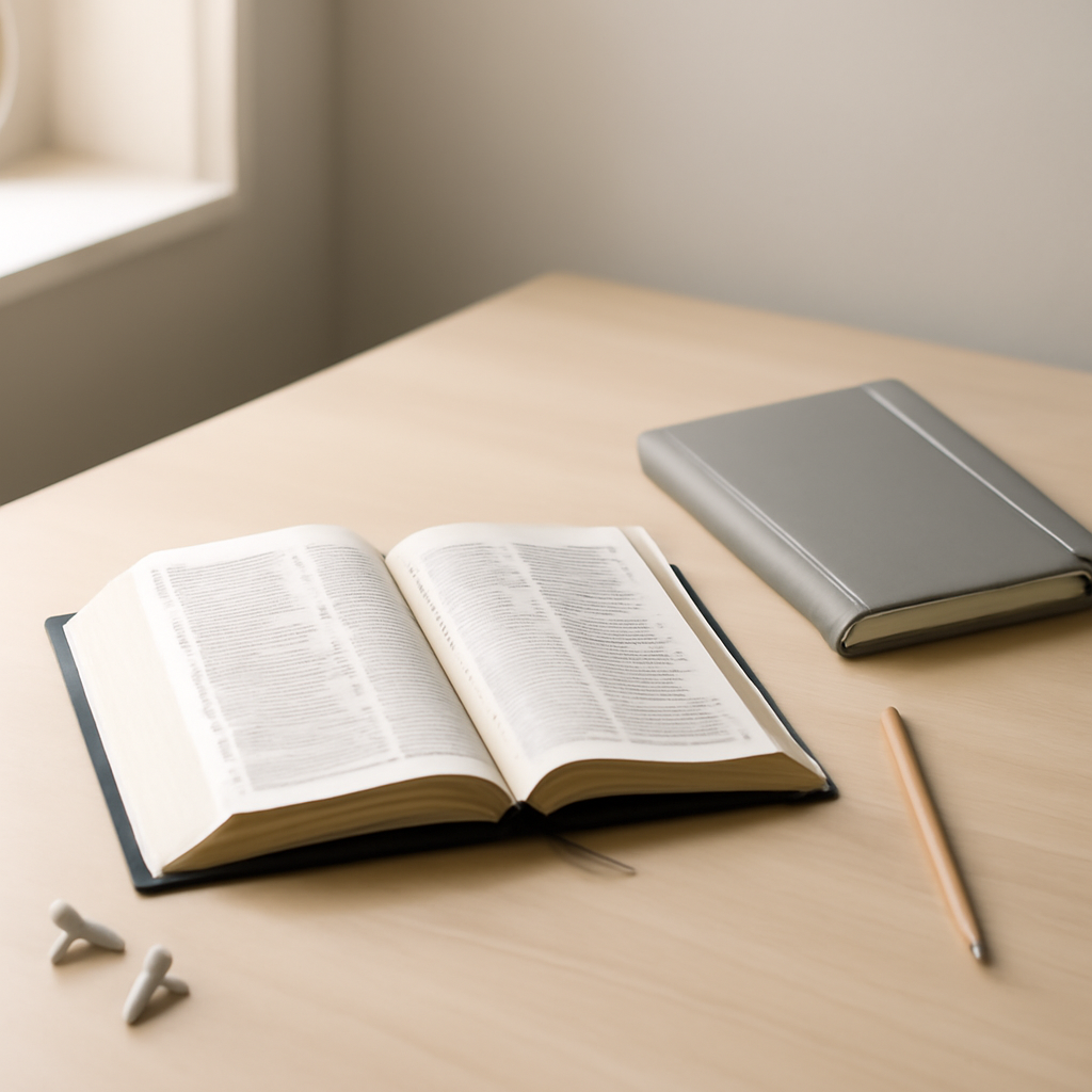 A calm desk still life with an open Bible, earbuds, and a school planner in soft window light.