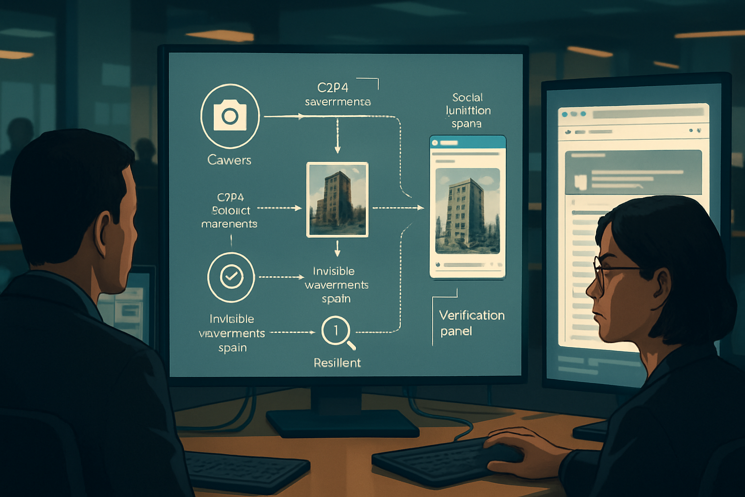 Editorial image of a disputed online image passing through camera credentials, C2PA metadata, watermark scanning, platform upload, and browser verification checkpoints.