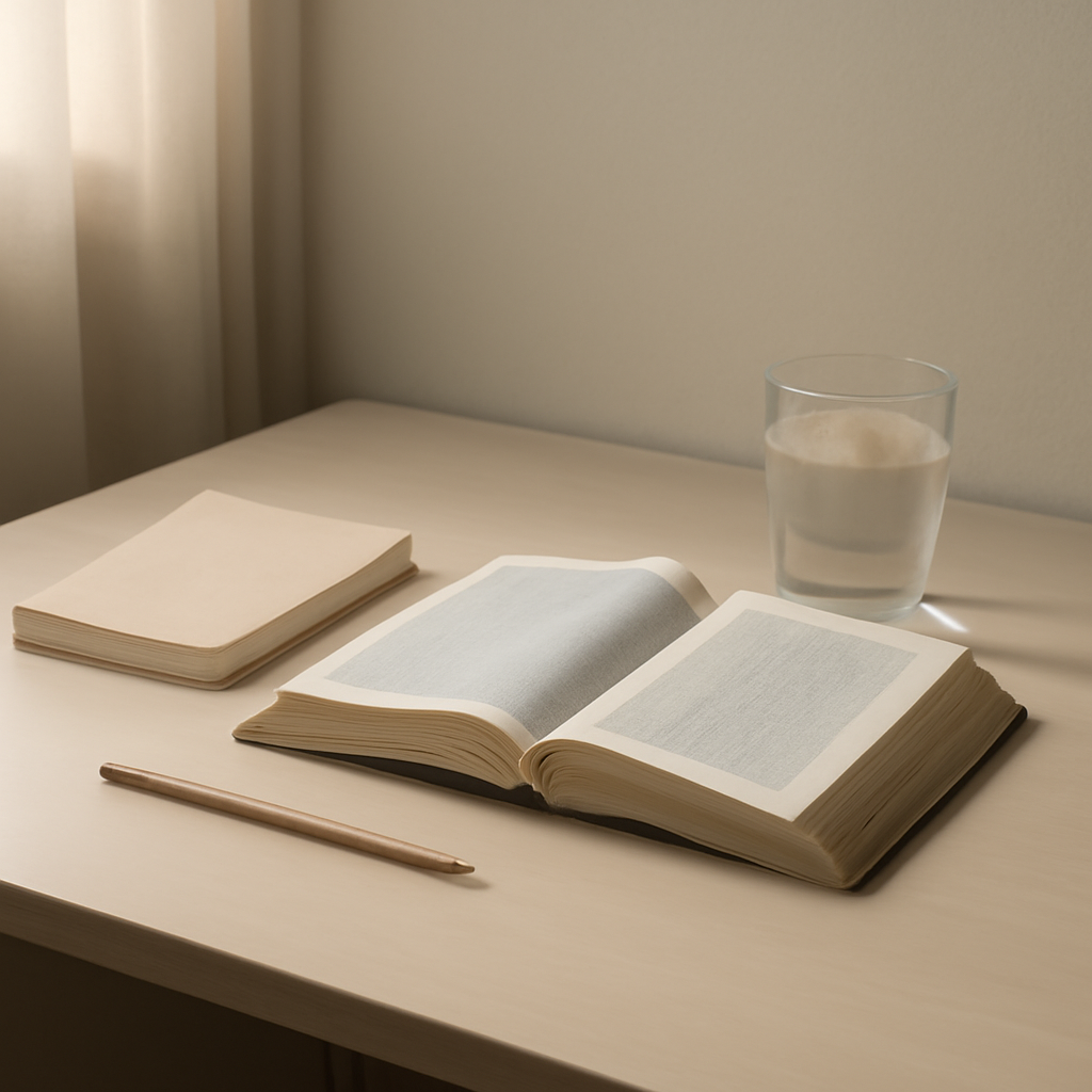 A calm study desk with an open Bible, a closed notebook, and a sharpened pencil in soft afternoon light.