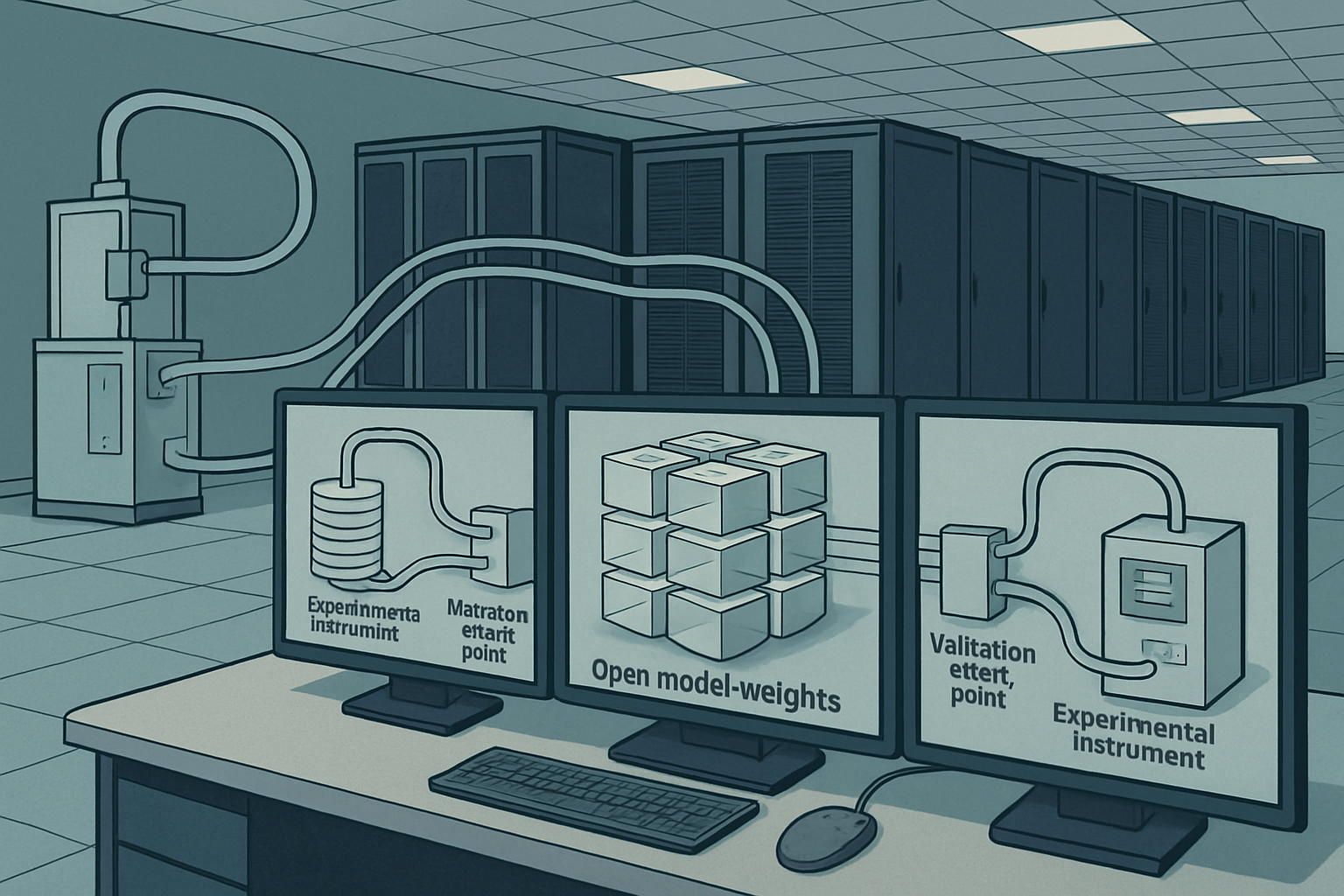Scientific computing control room with open model weights, national lab data streams, and validation checkpoints connected to experimental instruments