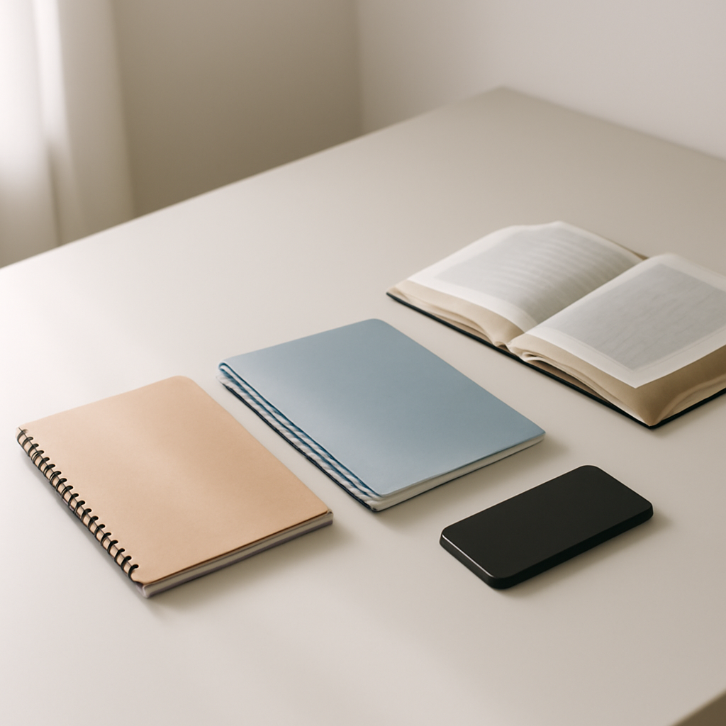 A calm desk with two closed notebooks, a phone face down, and an open Bible in soft morning light.