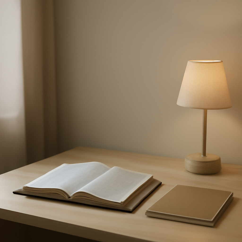 A quiet study desk with an open Bible, a small lamp, and a single notebook in soft morning light.