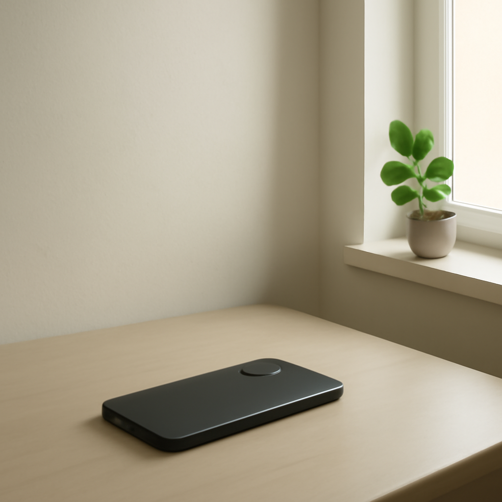 A quiet phone face down beside a small open window with morning light and a simple green plant.