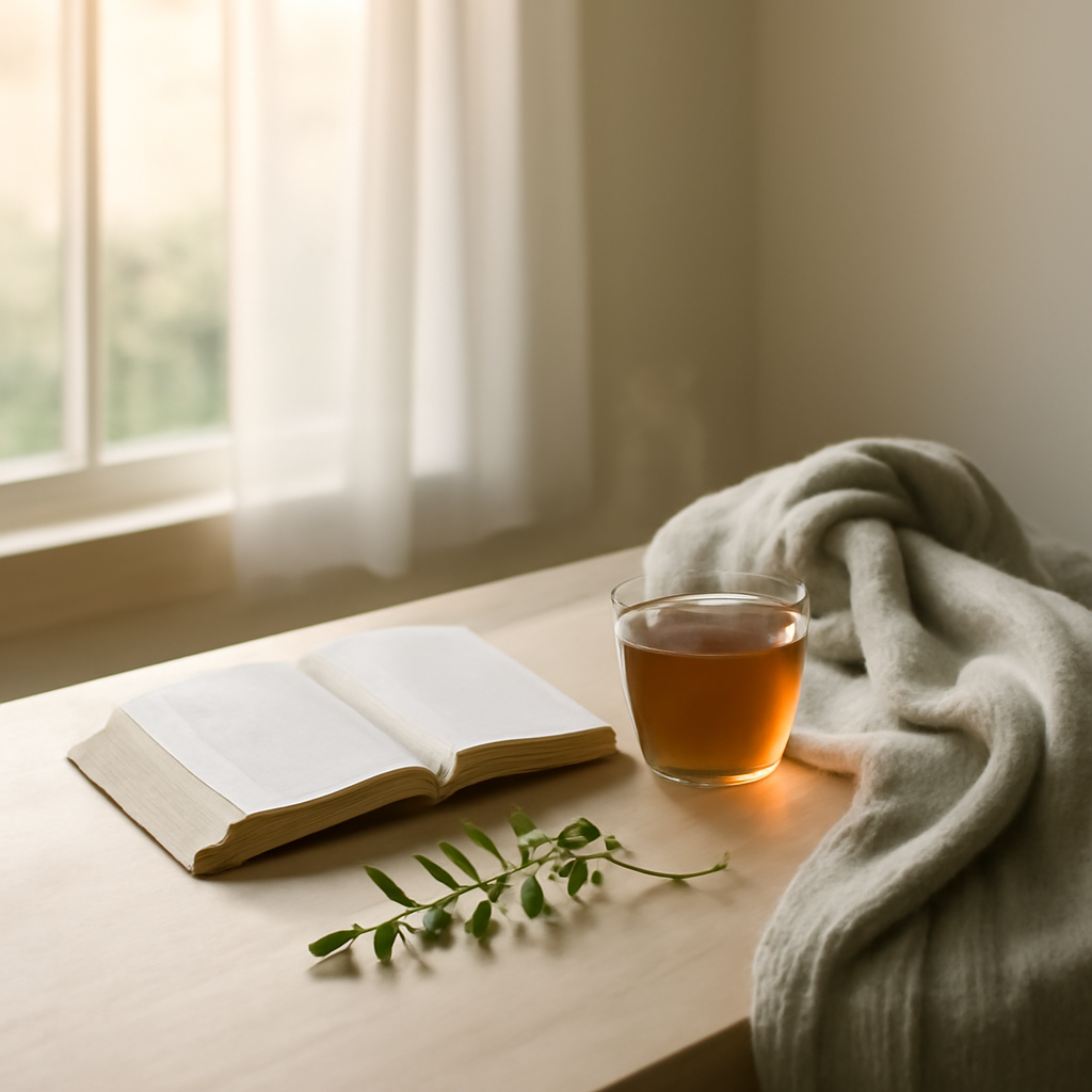 清晨窗边的浅色桌面上放着打开的圣经、一杯温茶和一条柔软灰白披肩，旁边有细小绿枝与大片留白，画面安静克制，没有文字、标志和人物