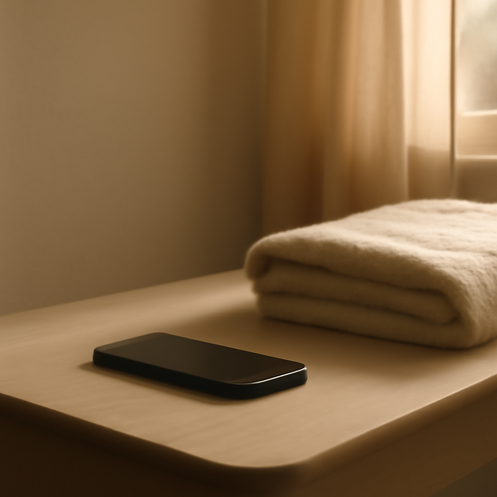 A quiet phone on a bedside table beside a soft folded blanket and warm morning light.