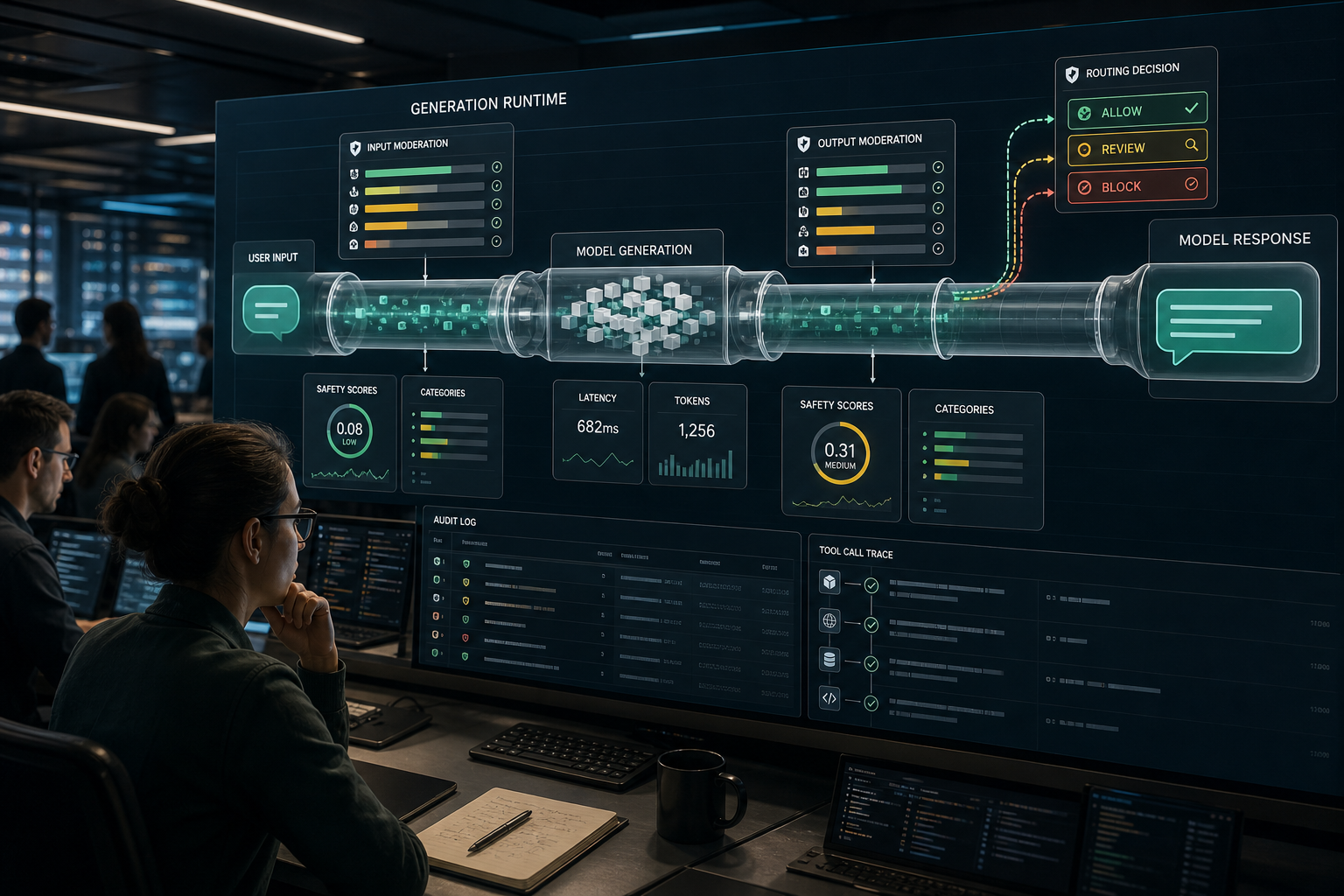 AI operations console showing moderation signals embedded inside a live generation pipeline with policy scores, audit logs, and routing paths