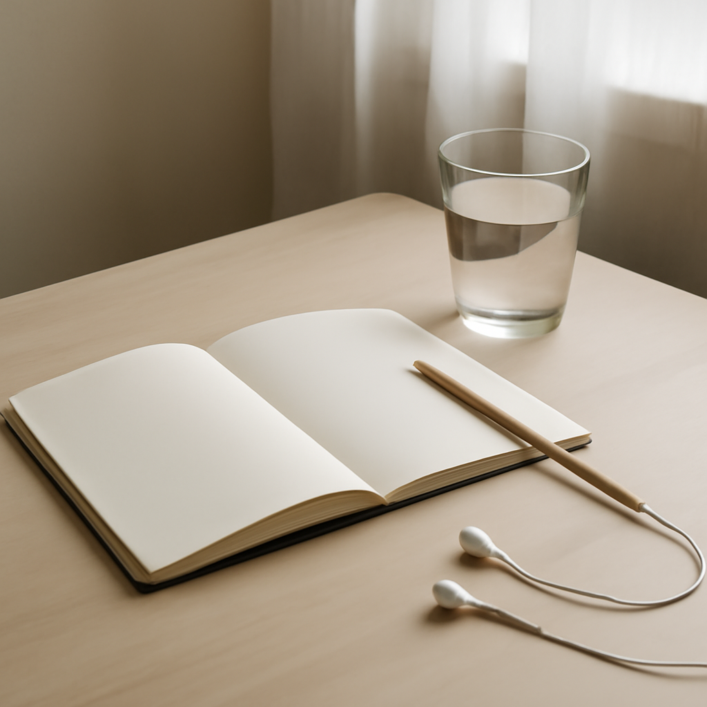 A quiet desk with an open notebook, a pencil, and earbuds in soft morning light.