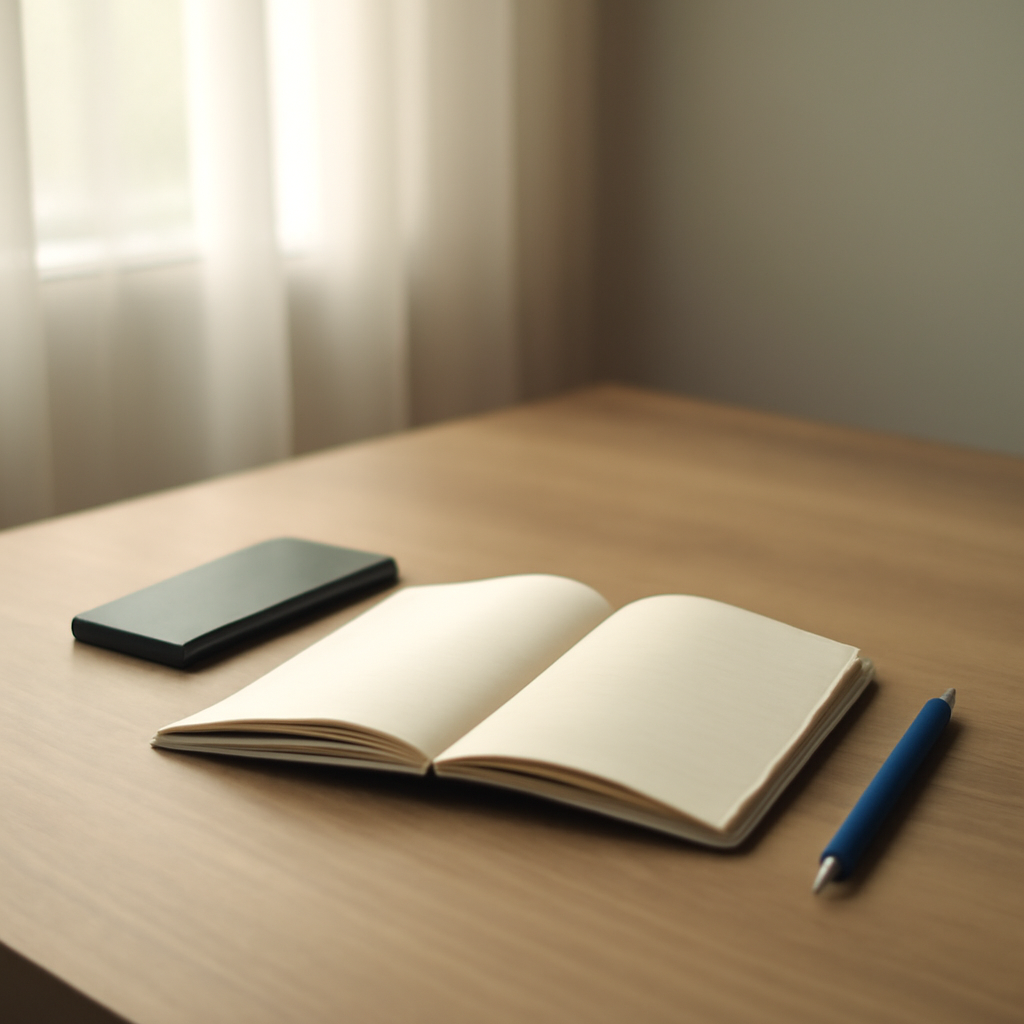 A calm desk with a notebook, a face-down phone, and a blue pen in soft morning light.