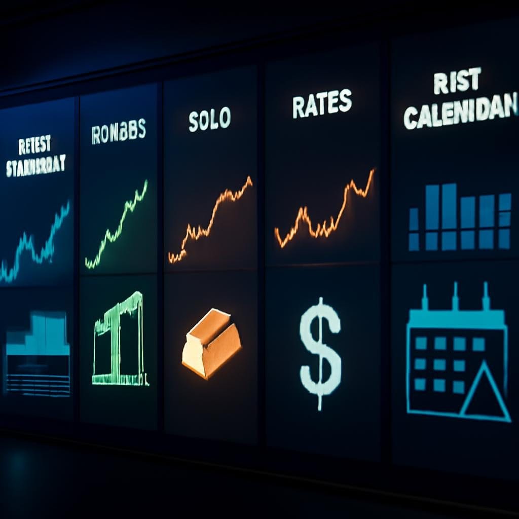 Abstract futures market dashboard with index, crude, gold, dollar, and calendar motifs.