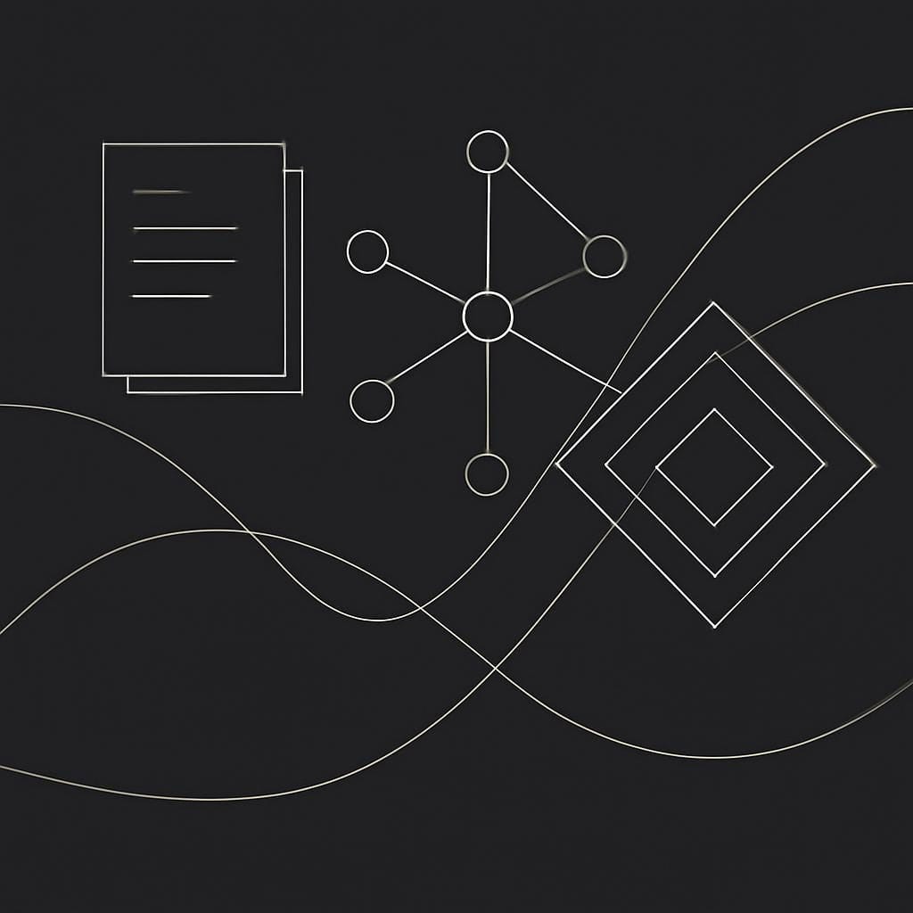 Abstract research-memory graph connecting documents, client signals, model routes, and market curves