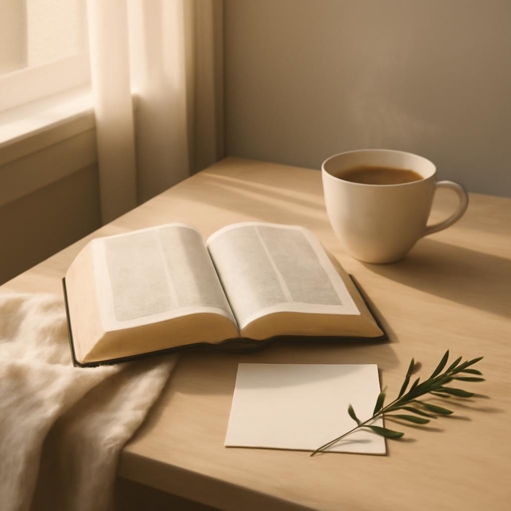 清晨窗边的圣经、茶杯、亚麻布和空白纸条，表达把忧虑卸给顾念人的主。