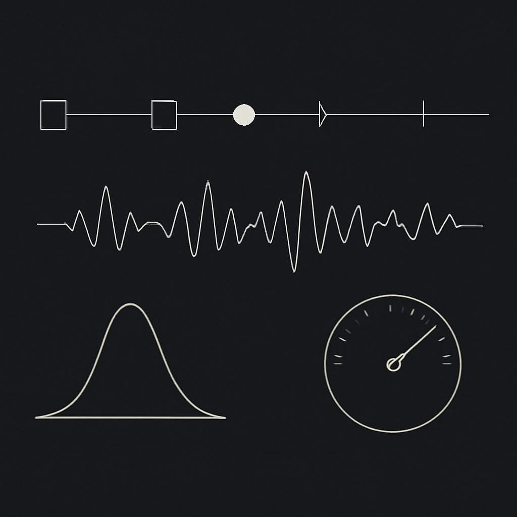 Abstract linework of an execution timeline with fill markers, adverse print pulses, and a timing-surprise telemetry gauge.
