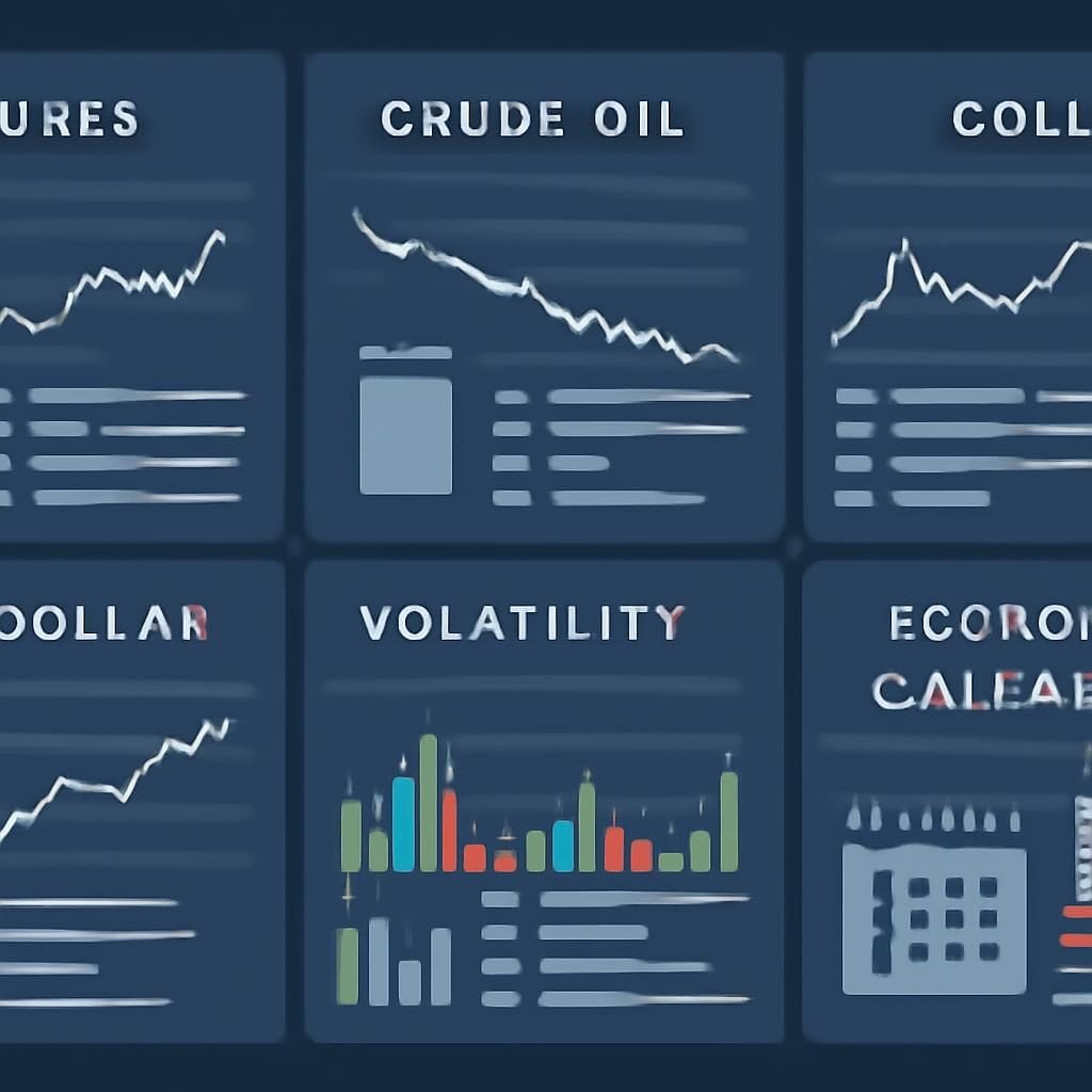 Abstract institutional futures dashboard with index, crude oil, gold, dollar, volatility, and calendar lanes.