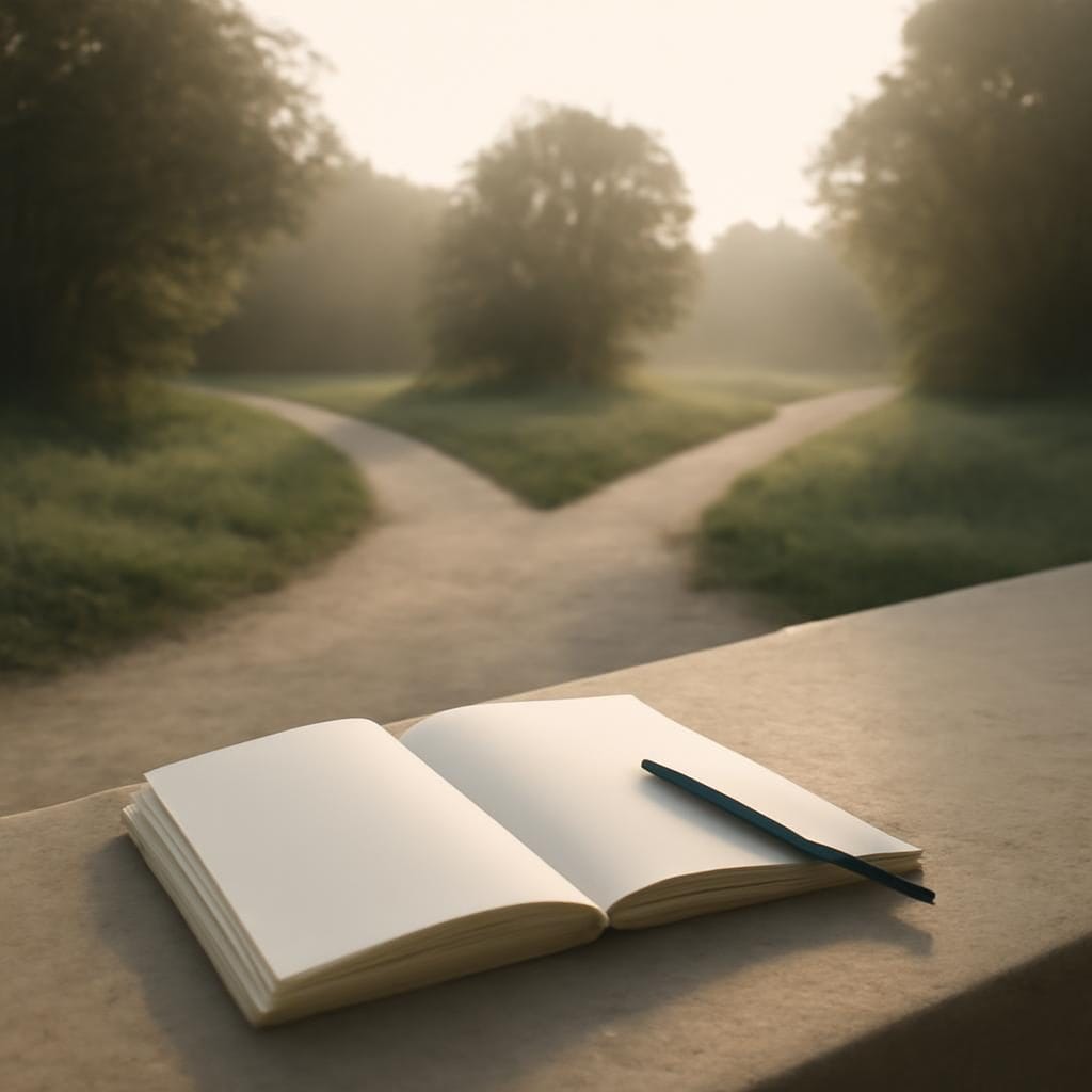 A calm forked walking path in soft morning light with an open notebook and pen resting near the foreground.
