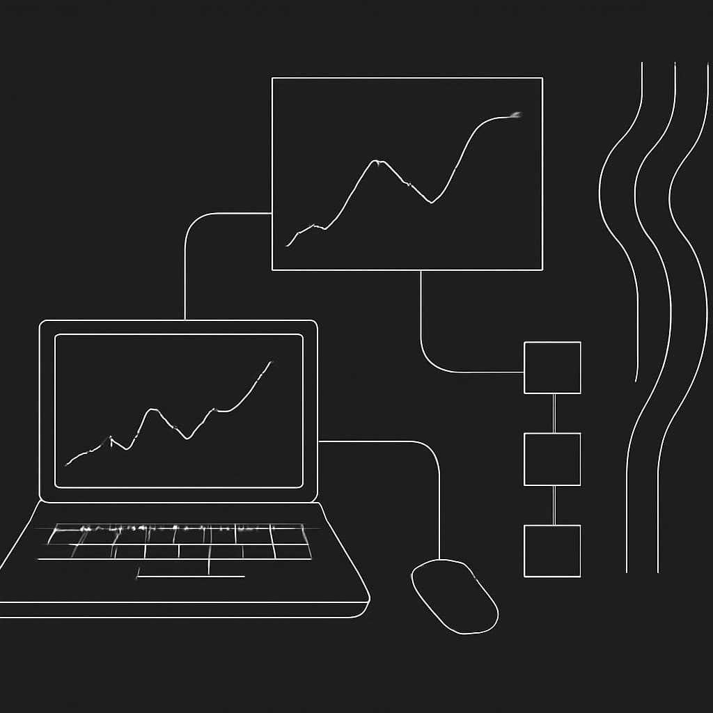 Abstract linework of an investment AI workflow connecting model graphs, evidence nodes, and market data streams.