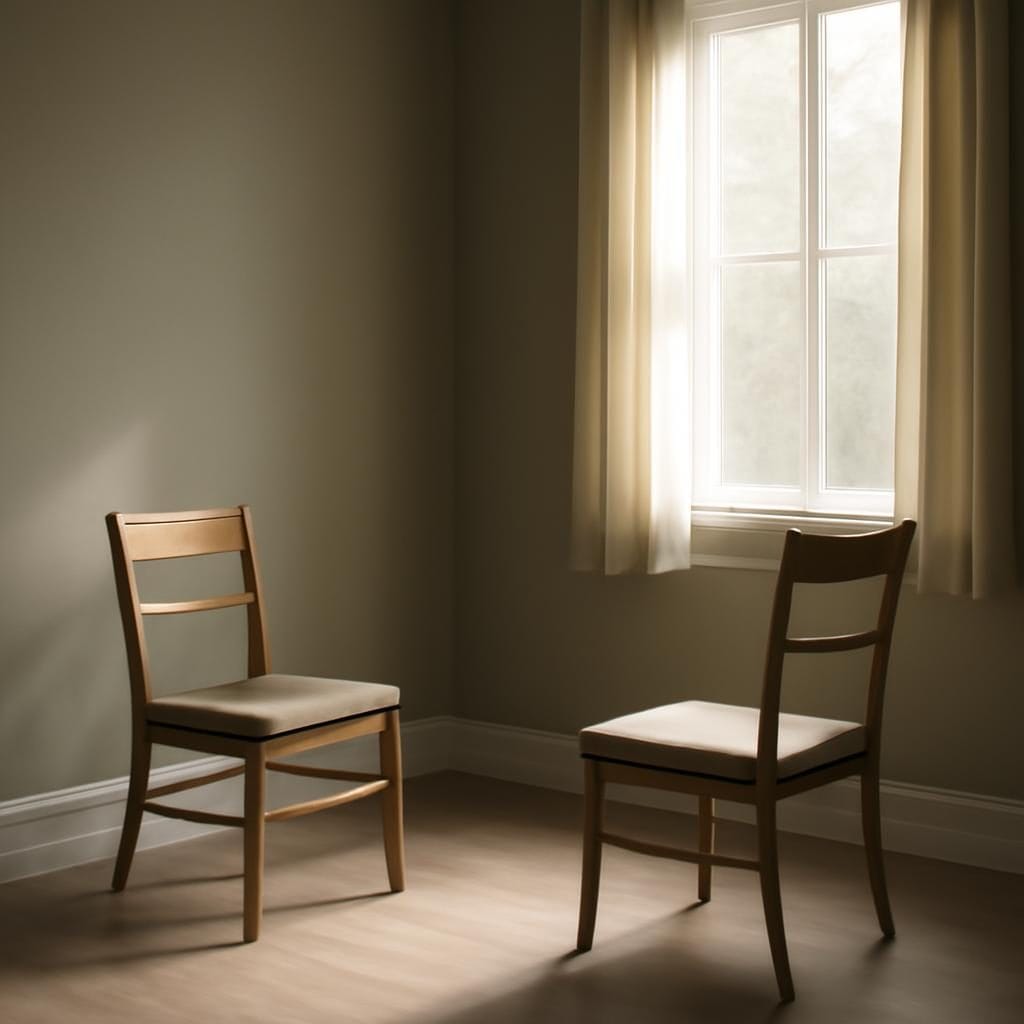 Two simple chairs near a sunlit window with calm space between them.