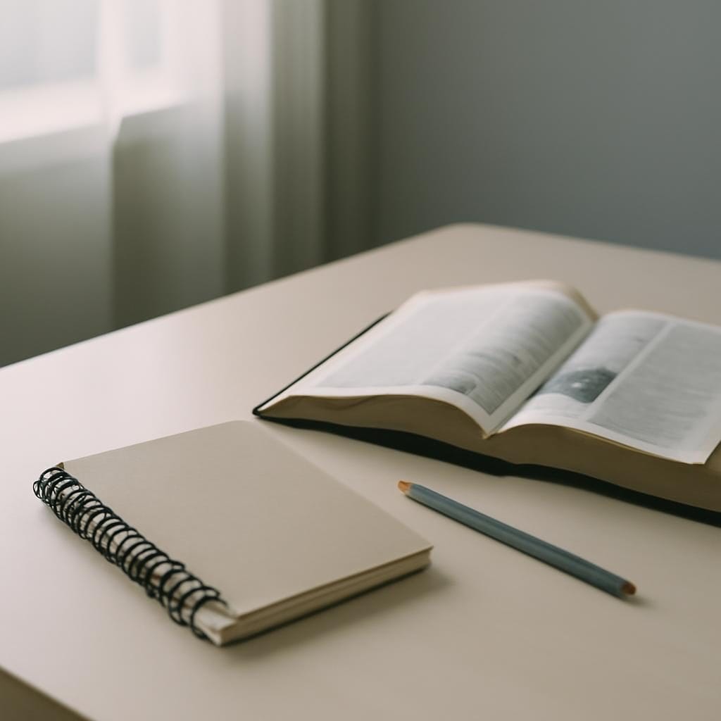 A notebook, pencil, bookmark, and open Bible on a quiet school desk.