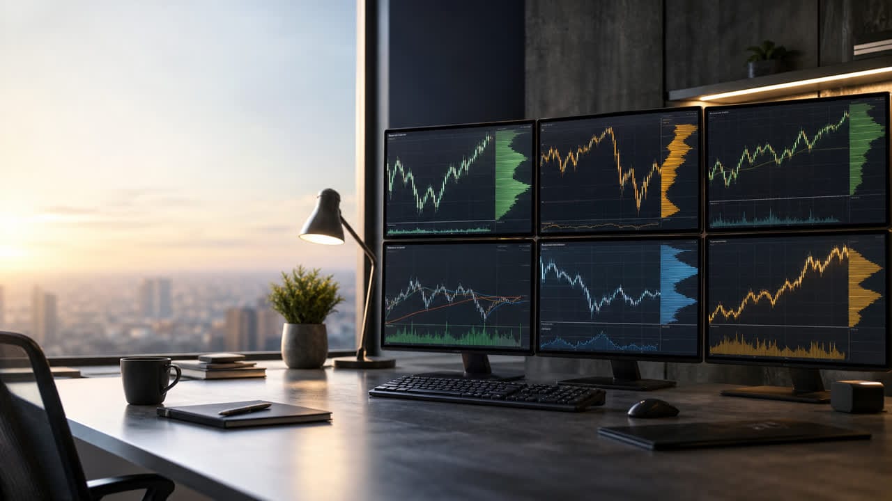 Early morning trading workstation with futures charts on multiple monitors.