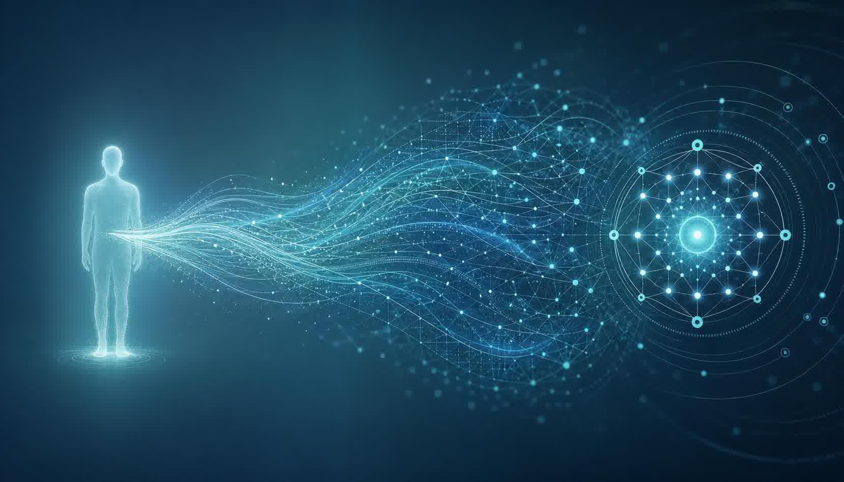 Abstract visualization of domain knowledge flowing through an AI agent, with subject-matter expertise acting as a funnel that amplifies output quality.
