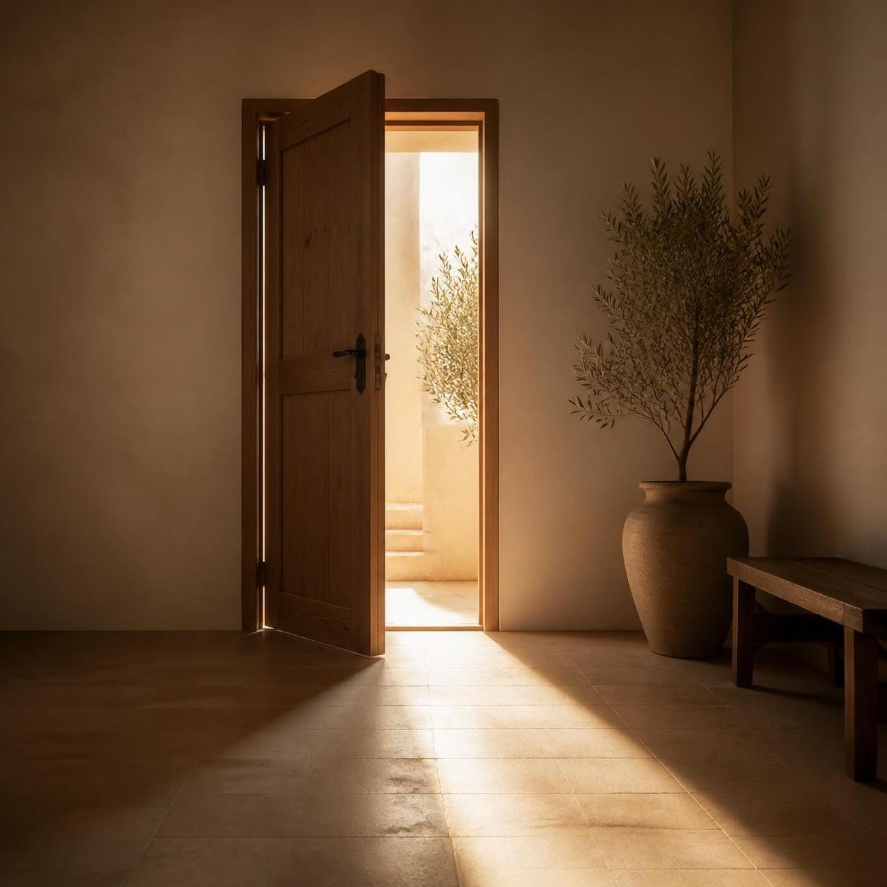 A simple open door with morning light entering a quiet room, one clear path visible.