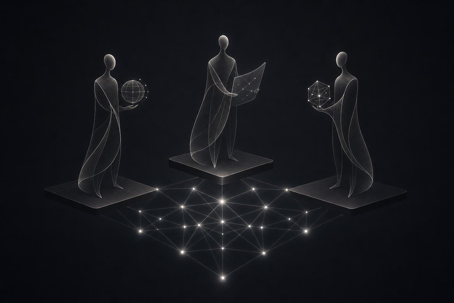 Abstract line-art illustration of three isolated analytical figures connected by a knowledge graph on dark background