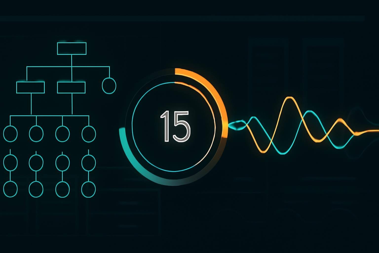 Abstract control room visualization of AI-assisted cyber risk compressing response time across infrastructure layers.