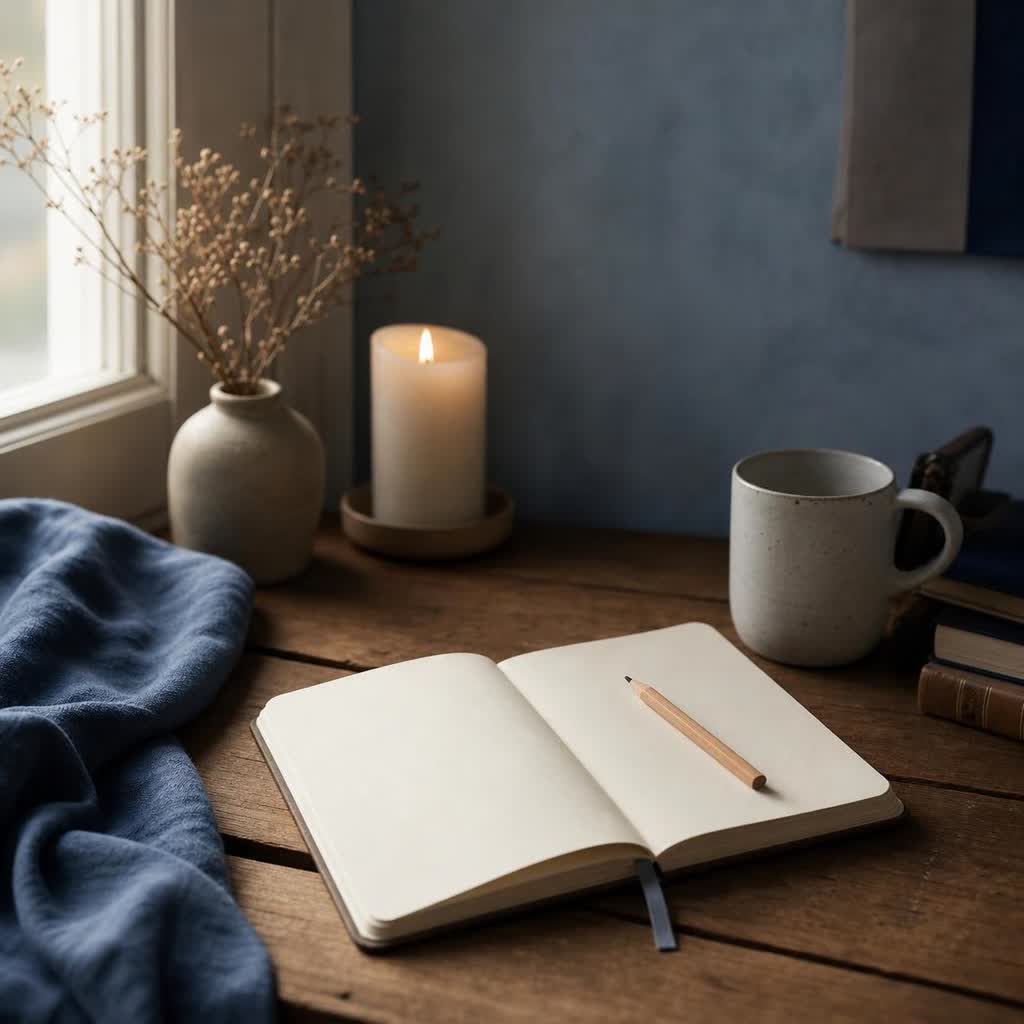 A quiet desk with a closed journal, pencil, and soft window light.