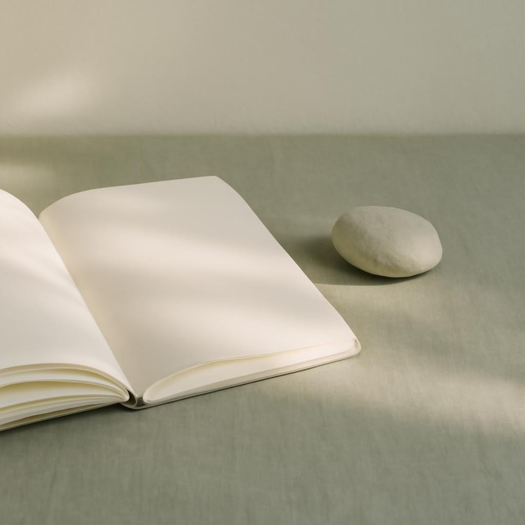 A quiet desk with soft morning light, an open notebook, and one small stone beside it.