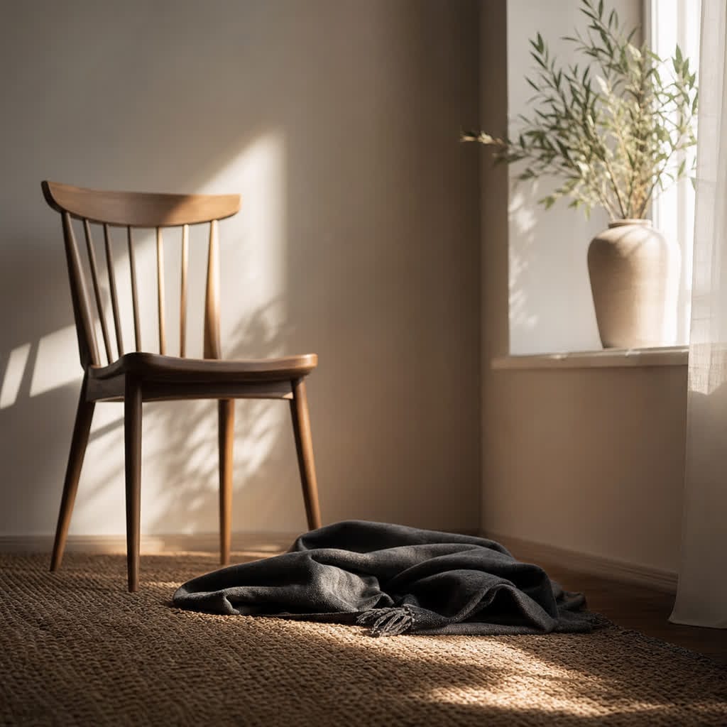 A quiet chair beside a warm window with a folded dark cloth on the floor.