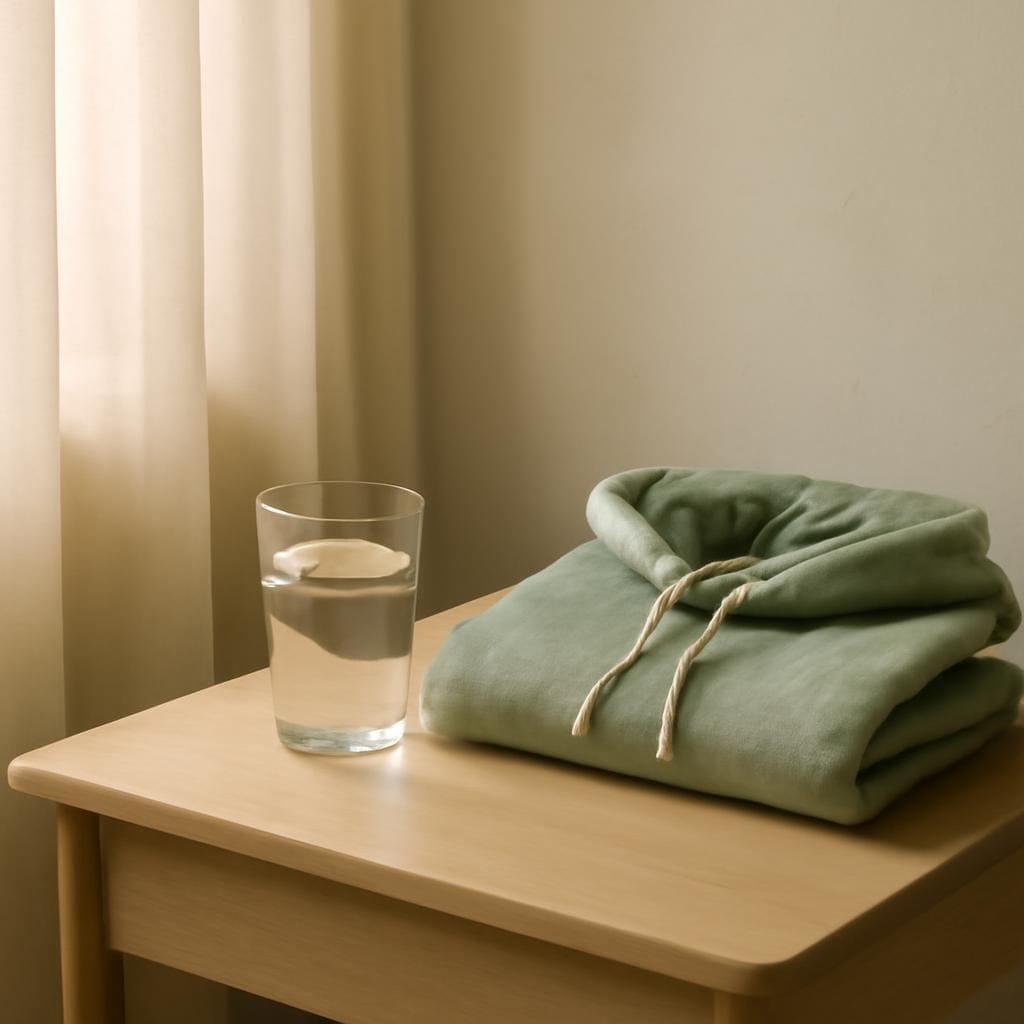 A quiet bedside table with a glass of water, folded hoodie, and soft morning light.