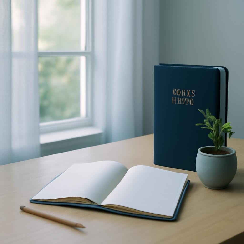A quiet desk with a notebook, pencil, and soft daylight through a window.